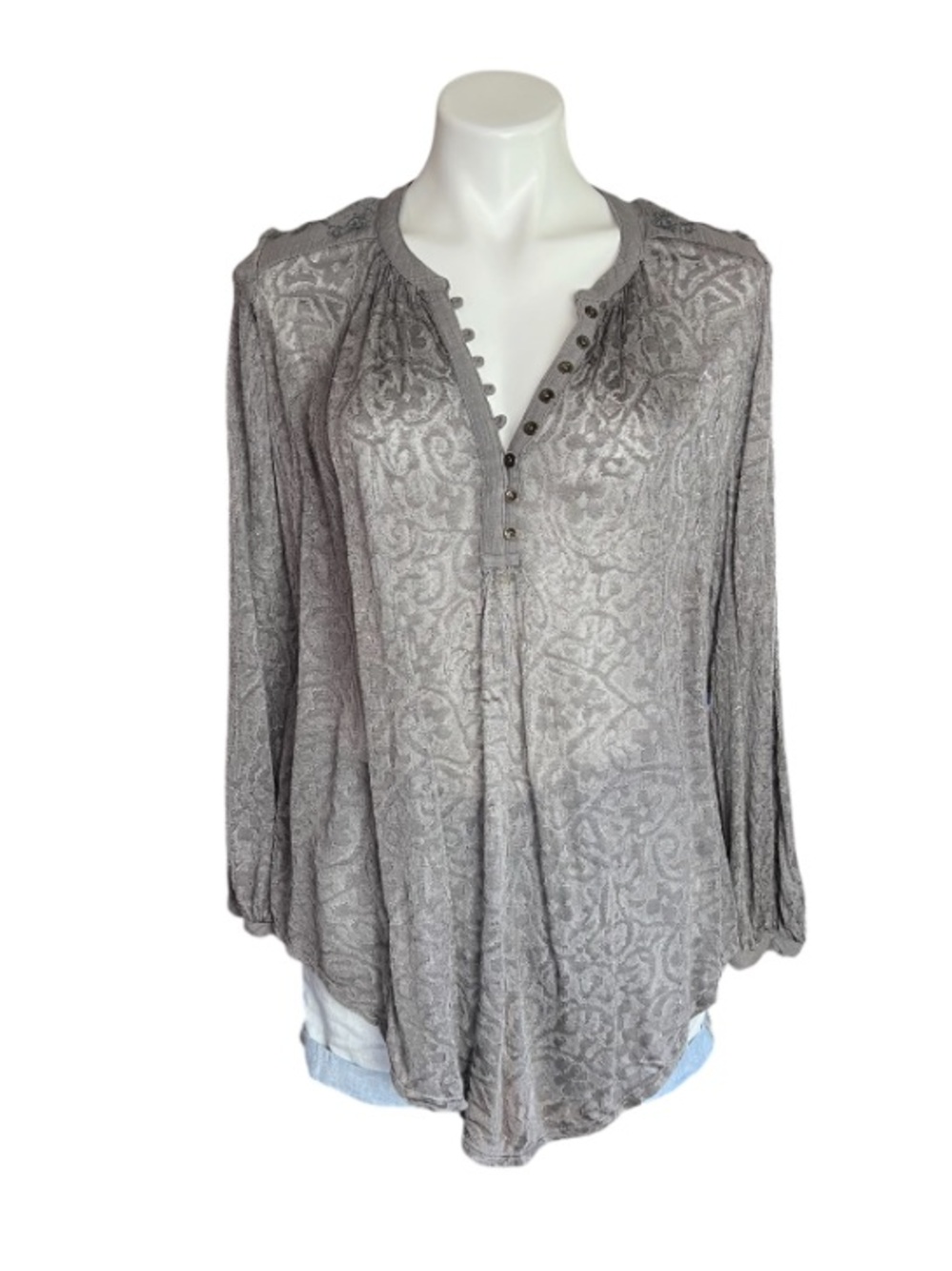 Lucky Brand Embroidered Boho Top Gray Henley Peasant Blouse M